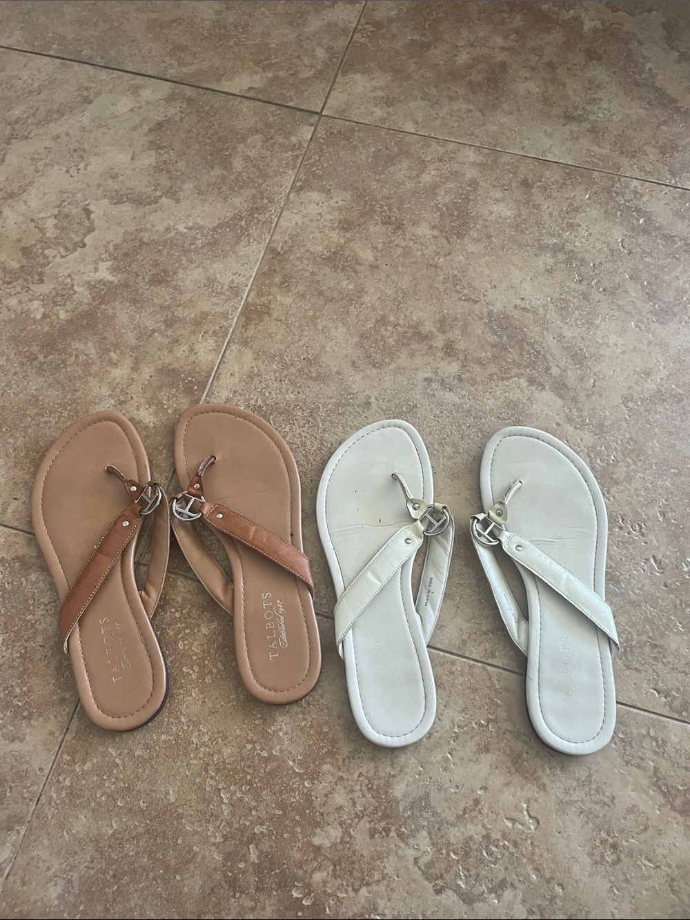Talbots Tan and White Leather Thong Sandals with Metal Ring Detail